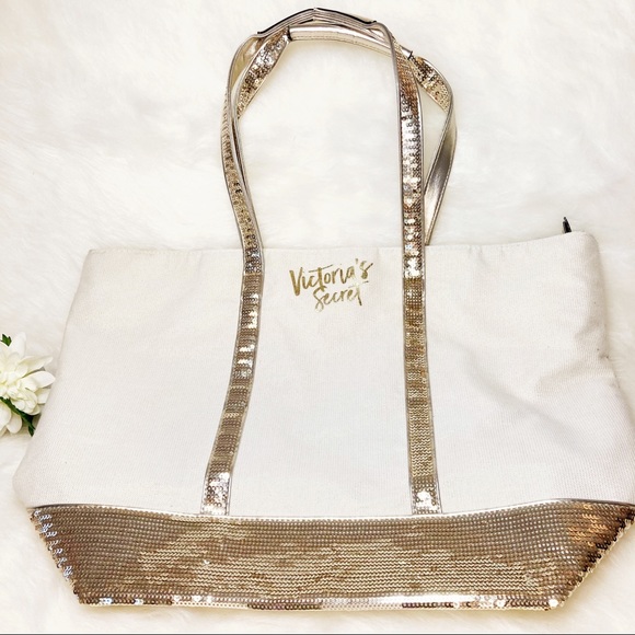 Victoria's Secret Handbags - Victoria’s Secret cream Gold Sequin Large Tote NWOT